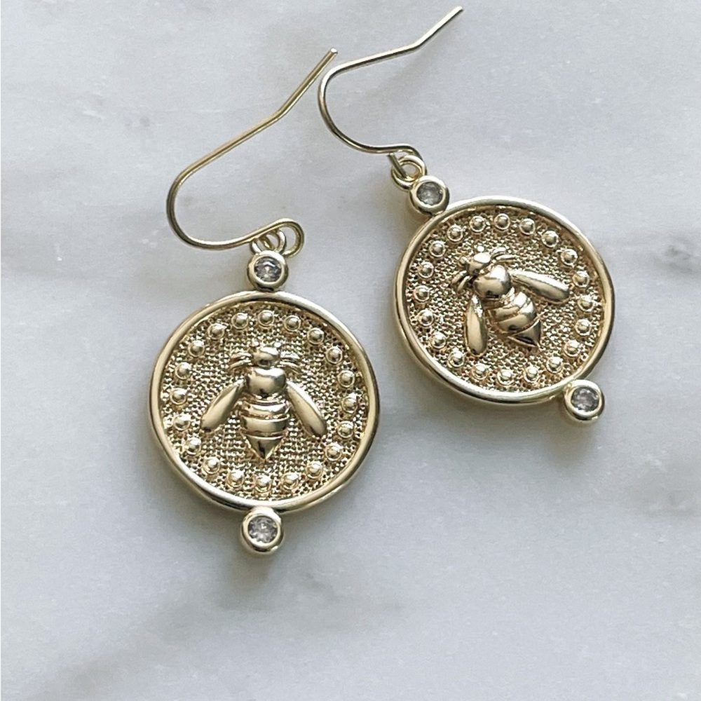 Gold Artemis bee Lira coin micropave earrings